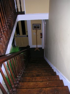 Stairs leading to second floor at Big R's BBQ